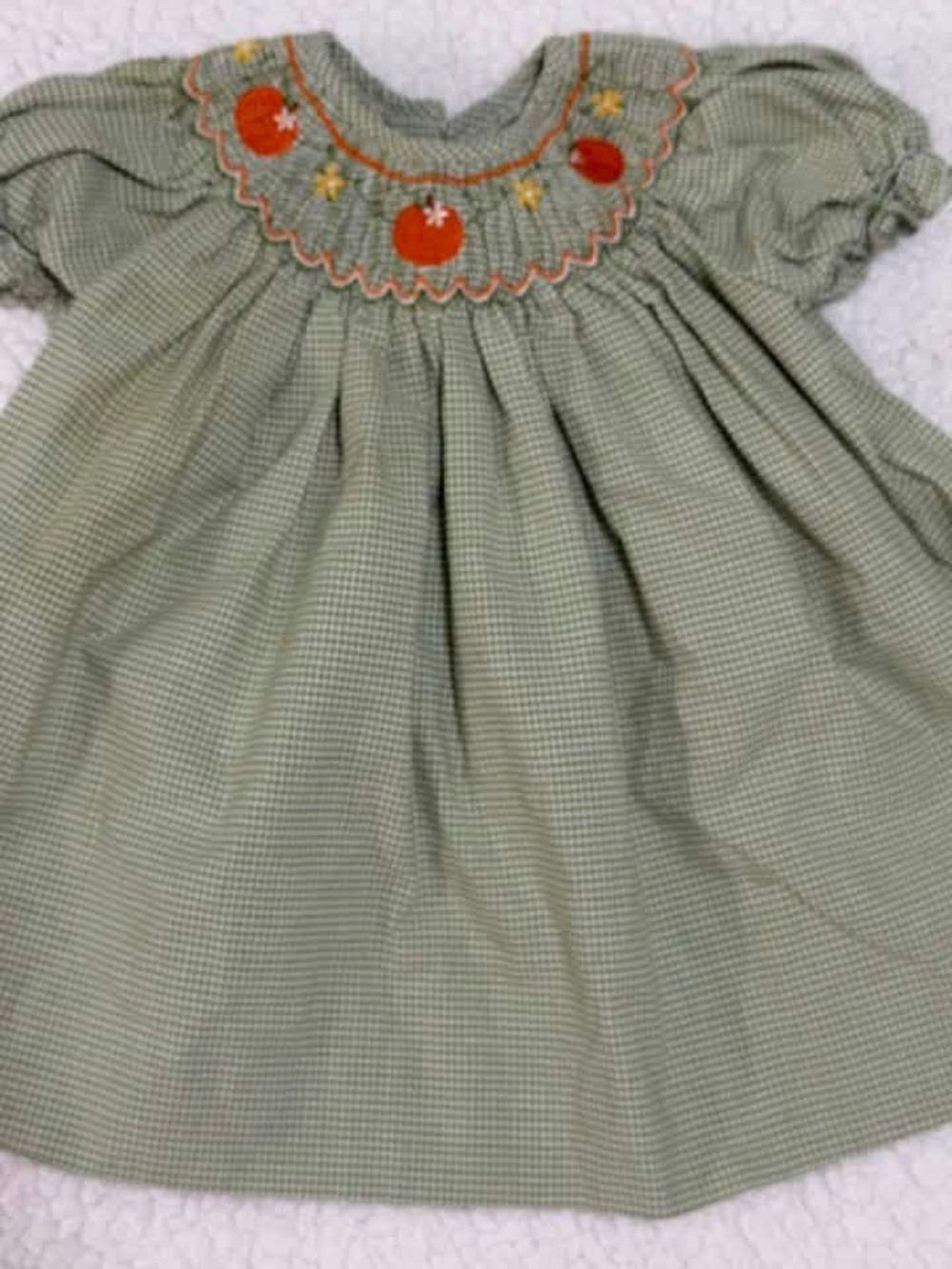 Smocked Green Check Baby Dress with Pumpkin Embroidery